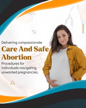 Woman with hand on belly with text about abortion care