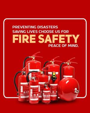 A promotional image featuring various fire extinguishers against a red background with the text 'Preventing Disasters, Saving Lives Choose Us For Fire Safety, Peace of Mind.'