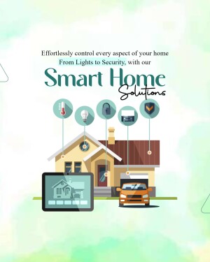 Illustration of a smart home with connected devices controlled via a tablet.