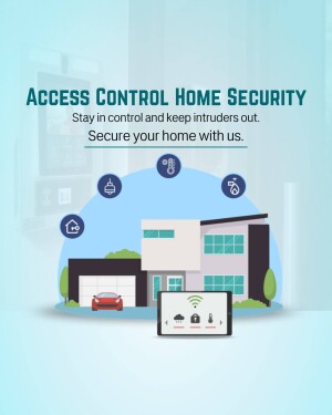 Illustration of a modern house with security icons and a smartphone controlling the system.