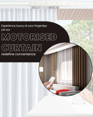 Image of motorized curtains with a remote control, showcasing modern home automation.