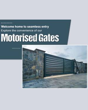 Image of a modern black motorised gate with stone pillar