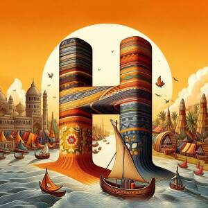 Stylized letter H incorporating elements of Middle Eastern architecture and sailing vessels.