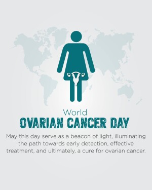World Ovarian Cancer Day graphic with female reproductive system illustration and world map background.