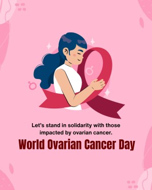 Illustration of a woman embracing an ovarian cancer awareness ribbon.