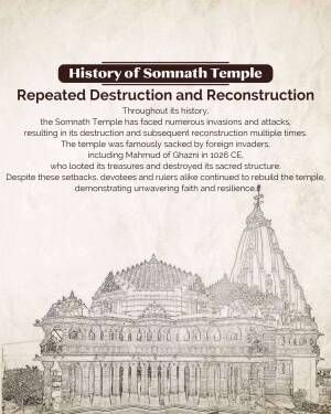 Sketch of Somnath Temple with text detailing its repeated destruction and reconstruction.