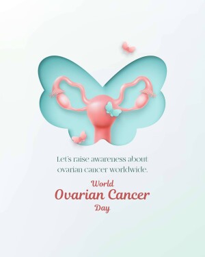Illustration of a uterus shaped like a butterfly with a ribbon, promoting ovarian cancer awareness.