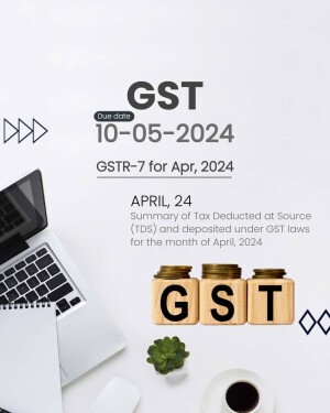 Image depicting a reminder for GSTR-7 return filing due on October 5th, 2024, with a laptop, coffee, and money jars.