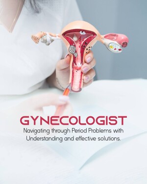 A gynecologist holding a model of the female reproductive system with text 'Gynecologist: Navigating through Period Problems with Understanding and effective solutions.'