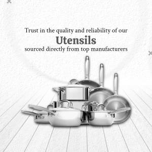 Stack of stainless steel utensils including pots, pans, and cooking tools