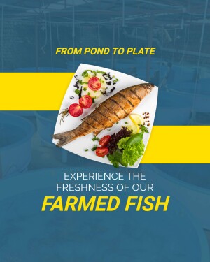 Grilled fish served on a white plate with fresh vegetables, promoting farmed fish.