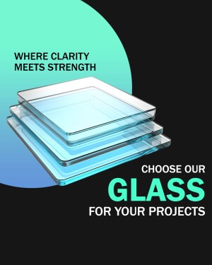 Stack of clear glass trays on a gradient background with text promoting glass products.