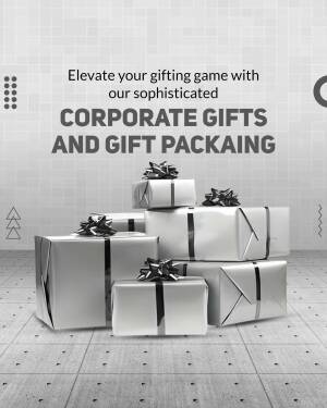 Stack of silver wrapped corporate gifts with ribbons