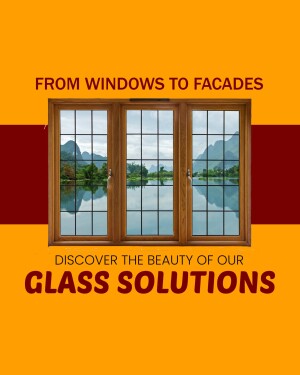 Image of windows reflecting a scenic landscape, promoting glass solutions.