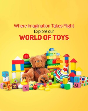 Colorful assortment of toys including building blocks, stuffed animals, and educational toys.