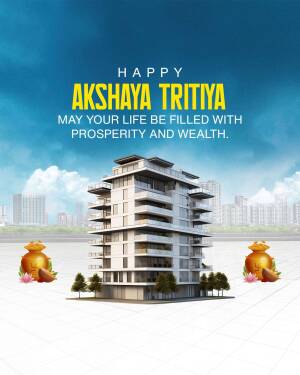 Akshaya Tritiya greeting with a building and traditional pots