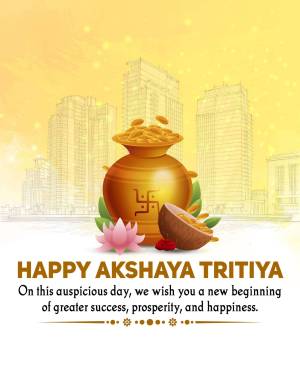 Akshaya Tritiya festive greeting with pot, coins, and lotus flower