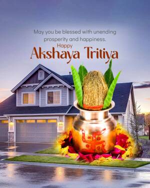 Akshaya Tritiya festive image with a pot of prosperity and a house in the background.