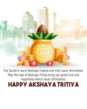 Akshaya Tritiya festive greeting with pot of gold and cityscape