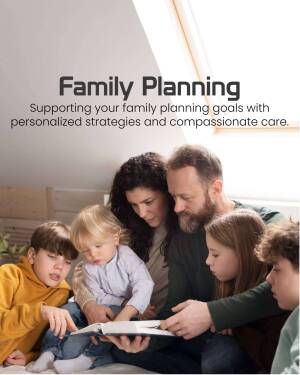 Family reading a book together, representing family planning and support.
