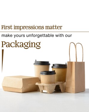 Assortment of eco-friendly packaging including coffee cups, takeout boxes, and a paper bag.