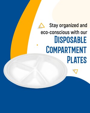 White disposable compartment plate with blue and orange background