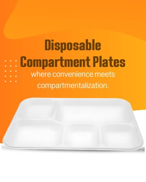 White disposable compartment plate on an orange background with text.
