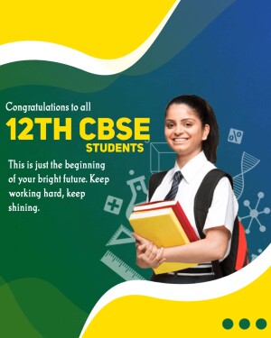 A smiling female student celebrating CBSE 12th results with books and a backpack.