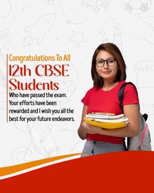 A young woman holding books with a congratulatory message for CBSE 12th students.
