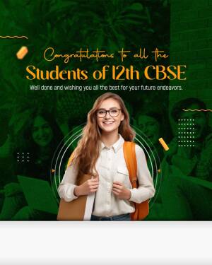 A young woman celebrating CBSE 12th results with a congratulatory message.