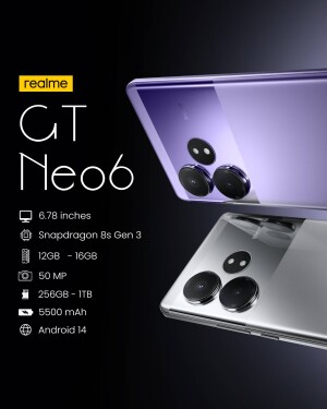 Close-up of the Realme GT Neo6 smartphone showcasing its design and features.