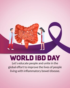 Illustration for World IBD Day featuring a large intestine and medical professionals.
