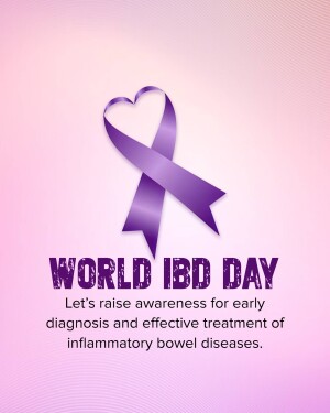 Purple ribbon with the text 'World IBD Day' and a call to action for early diagnosis and treatment.