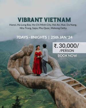 Couple posing in front of the Hand Bridge in Ba Na Hills, Vietnam, with tour package details.