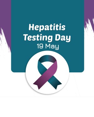 Image promoting Hepatitis Testing Day with a teal and purple ribbon.