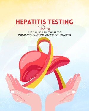 Illustration of hands holding a liver with a yellow ribbon for Hepatitis Day