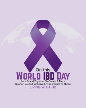 Purple ribbon with text 'World IBD Day' on a light purple background