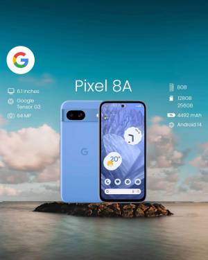 Google Pixel 8A smartphone in a light blue color, showcasing its design and features.