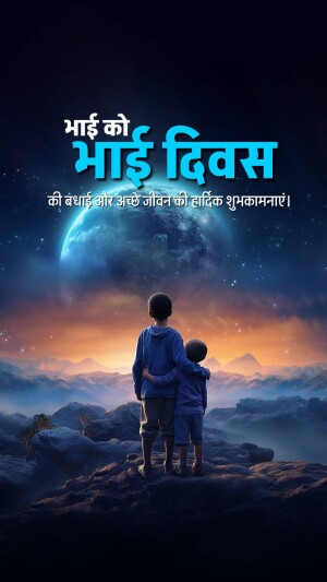 Two brothers looking at Earth from a rocky landscape, Bhai Dooj greeting in Hindi.