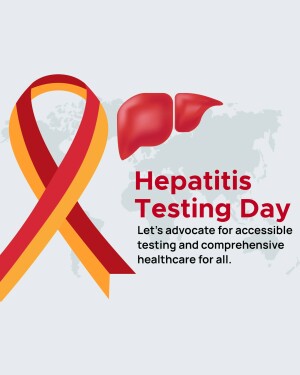 Red and yellow ribbon with a liver illustration and text promoting Hepatitis Testing Day