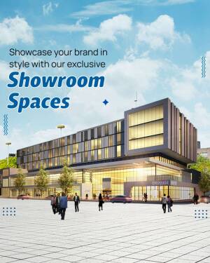 Modern building exterior with text promoting showroom spaces