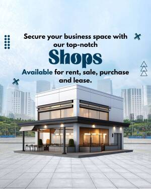 Modern shop building with city skyline background, advertising rental and purchase options.