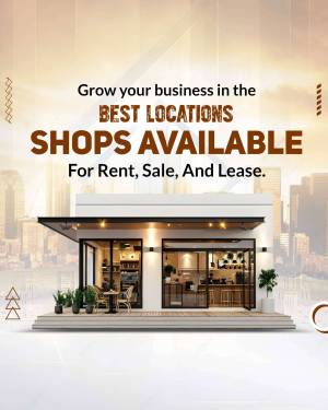 Modern shopfront with city skyline background and text promoting rental and sale opportunities.