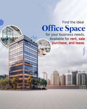 Modern glass office building with images of interior office spaces and text promoting office space availability.