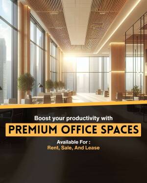 Modern office space with large windows and warm lighting