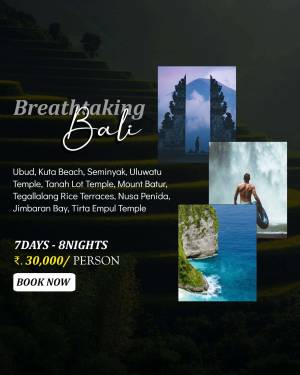 Bali travel advertisement featuring rice terraces, temples, beaches, and waterfalls.