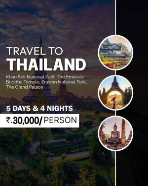 Travel advertisement for a Thailand tour package featuring Khao Sok National Park, The Emerald Buddha Temple, Erawan National Park, and The Grand Palace.