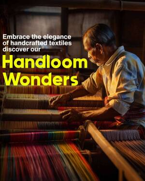 An elderly Indian weaver working on a handloom, showcasing vibrant textiles.