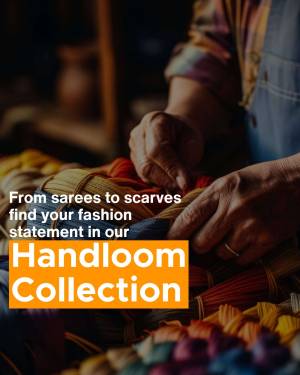 Close-up of hands working with colorful handloom fabrics, promoting a fashion collection.