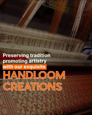 Close-up of a traditional handloom weaving process with text overlay promoting handloom creations.